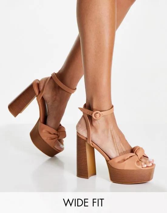 Wide Fit Note knotted platform heeled sandals in tan