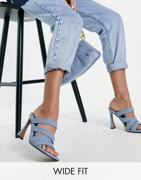 Wide Fit Nuclear woven strappy high heel mules in blue