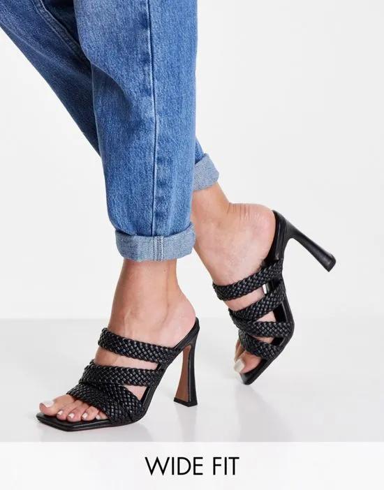 Wide Fit Nuclear woven strappy high heeled mules in black