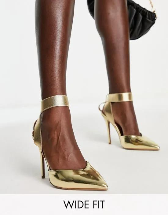 Wide Fit Pantha elastic high heeled shoes in gold