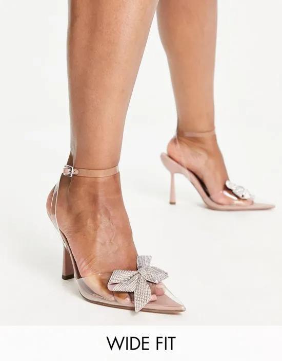 Wide Fit Parker bow embellished heeled shoes in clear