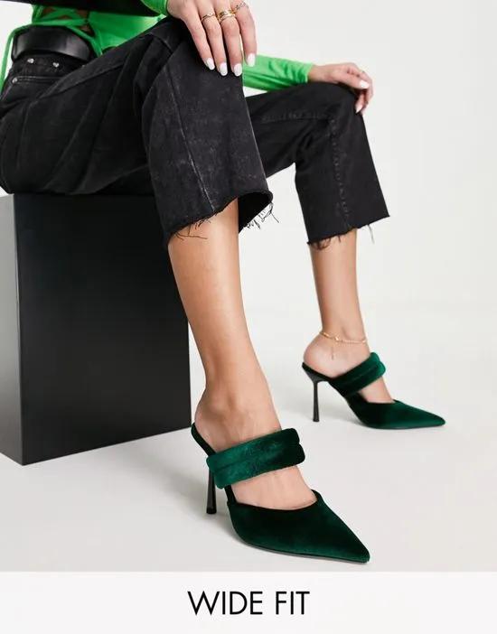 Wide Fit Paxton padded heeled mules in forest green
