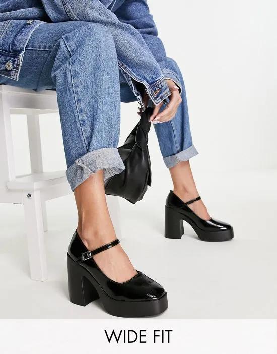 Wide Fit Penny platform mary jane heeled shoes in black