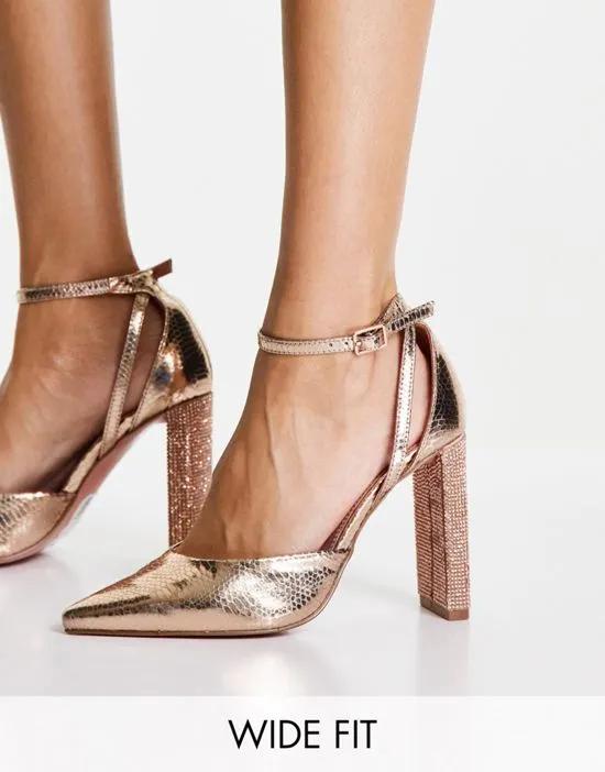 Wide Fit Praise embellished high heeled shoes in rose gold