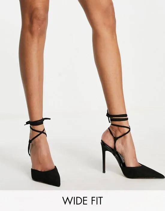 Wide Fit Prize tie leg high heeled shoes in black
