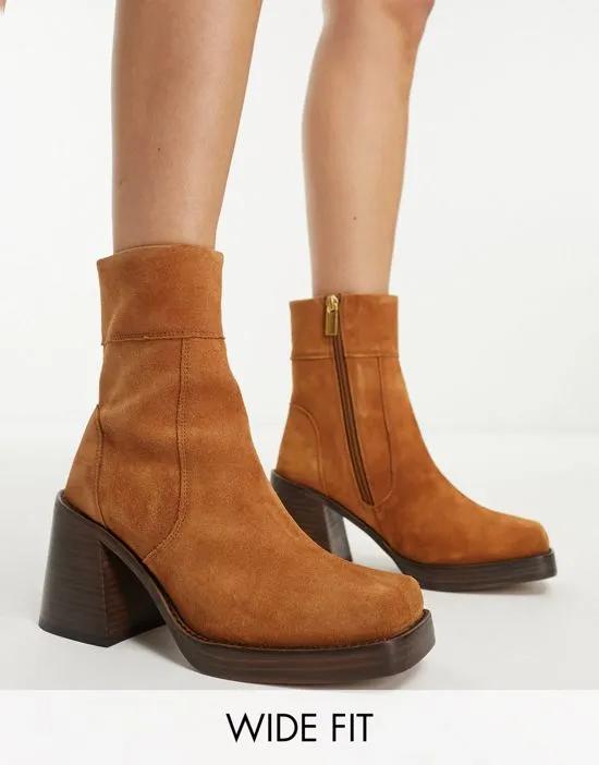 Wide Fit Region suede mid-heel boots in tan