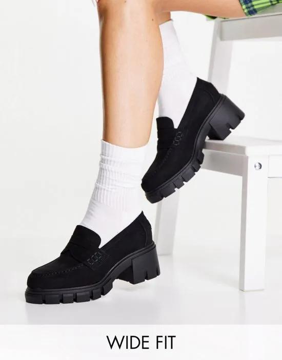 Wide Fit Storm chunky mid heeled loafers in black