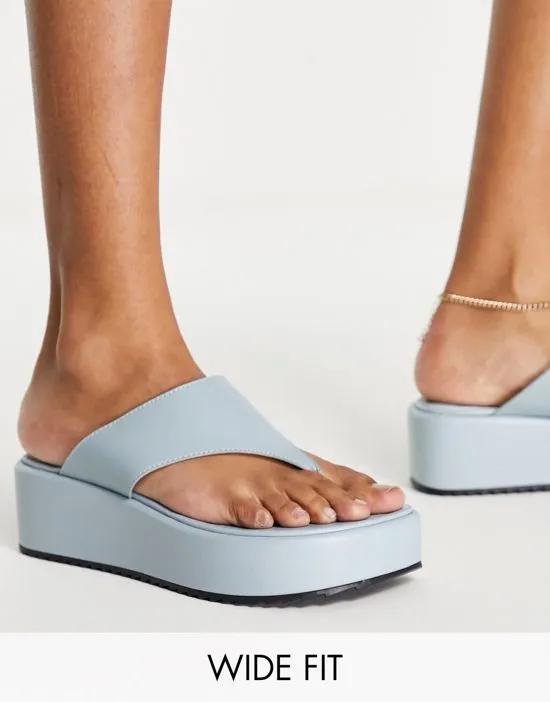 Wide Fit Tamari leather toe thong flatform sandals in blue