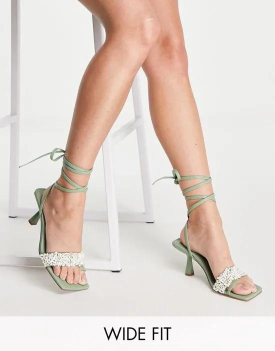 Wide Fit Wish shell detail mid heeled sandals in sage green