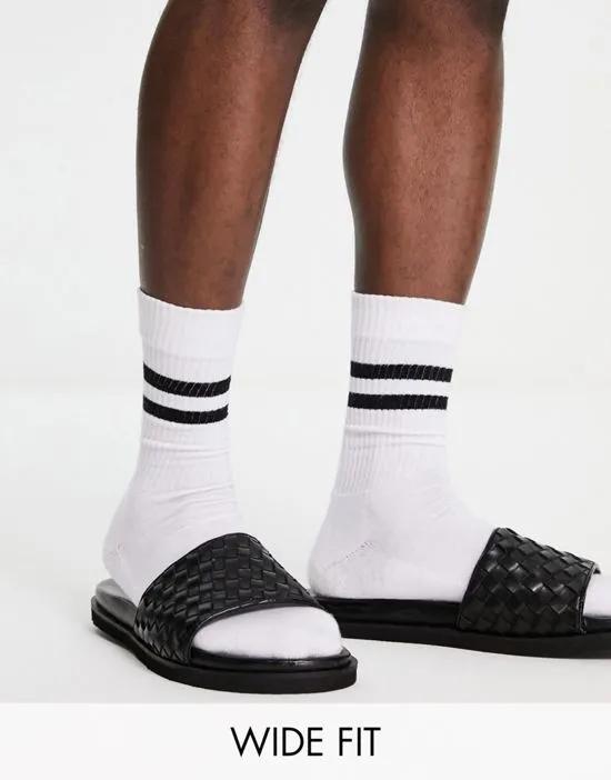 wide fit woven sliders in black leather