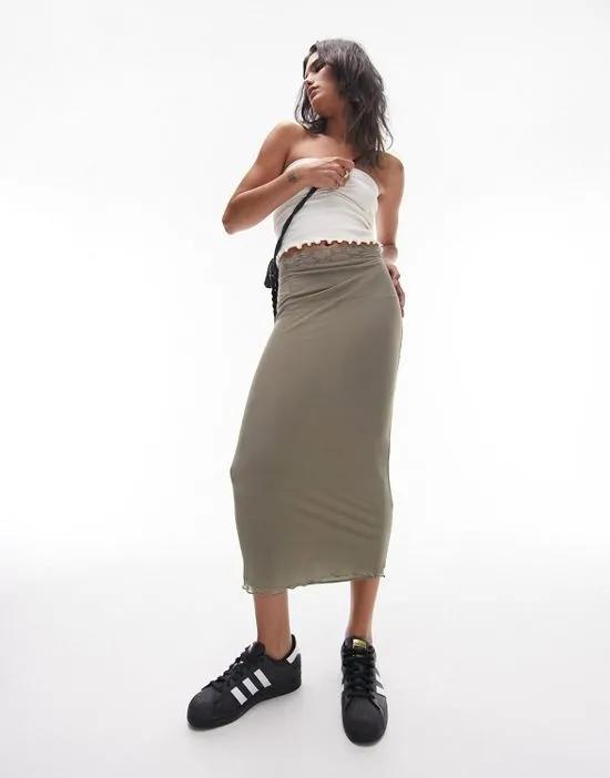 wide lace trim midi skirt in sage green