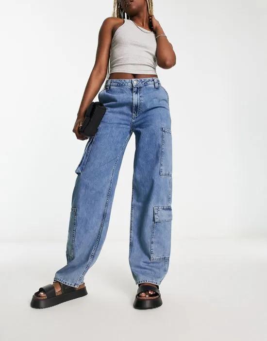 wide leg cargo jean in tinted blue