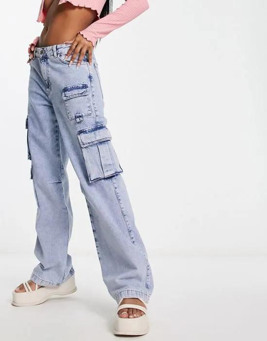 wide leg cargo jeans with pocket detail in washed blue