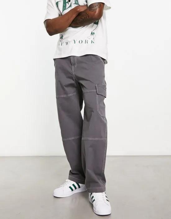 wide leg contrast stitch cargo pants in gray