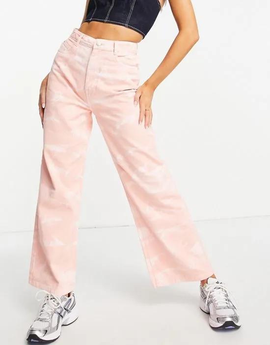 wide leg jeans in pink ink print