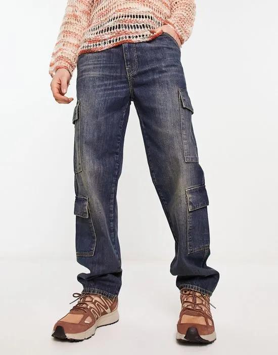 wide leg jeans with cargo pockets in dark tint