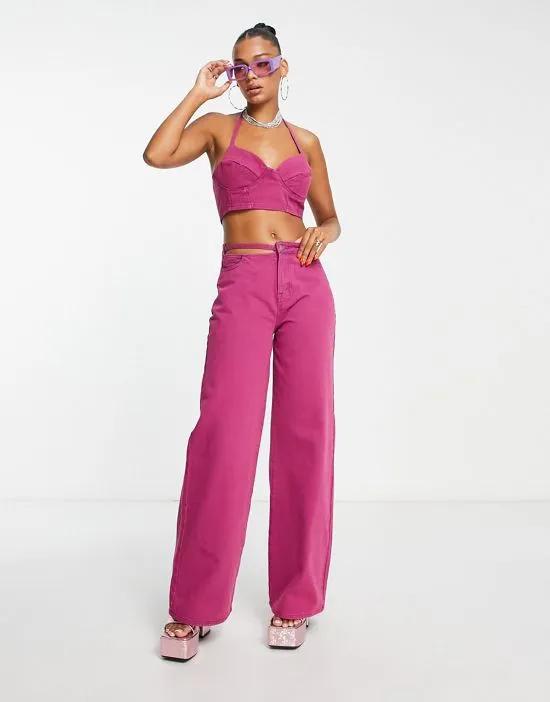 wide leg jeans with cut out waist detail in purple - part of a set
