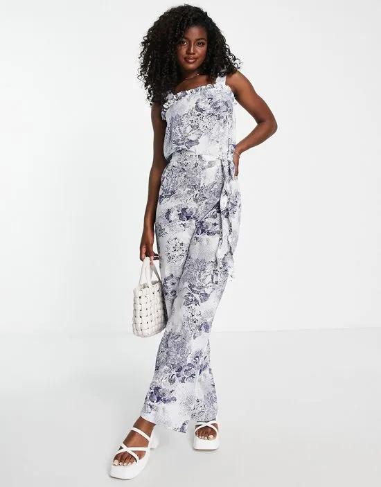 wide leg jumpsuit in blue abstract floral