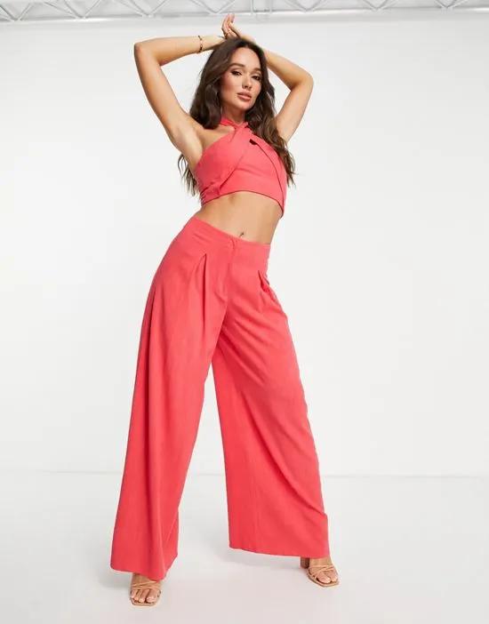 wide leg linen pants with pleat front in red - part of a set