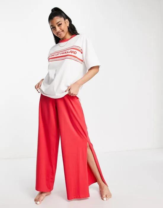 wide leg lounge pants and t-shirt in black and red
