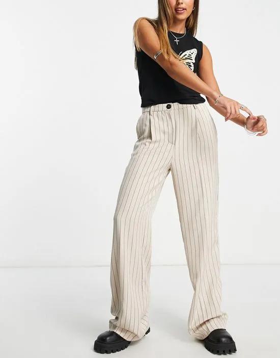 wide leg pinstripe tailored pants in sand