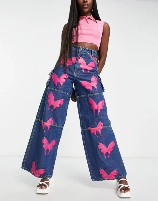 wide leg skater jeans with all over Y2K butterfly print