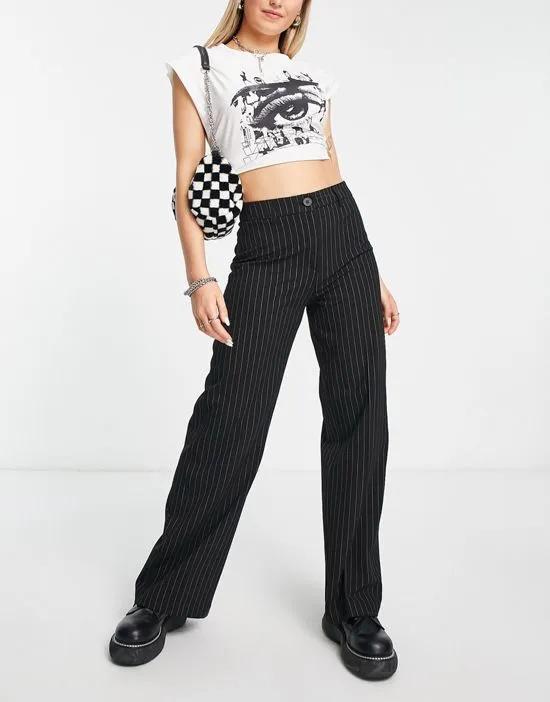 wide leg slouchy dad tailored pants in navy pinstripe