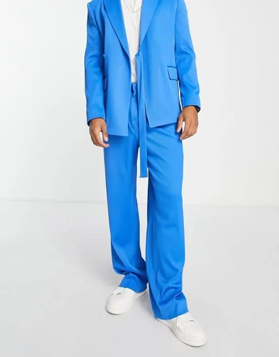 wide leg suit pants in electric blue plisse