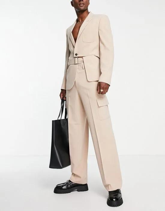 wide leg suit pants with cargo pockets in stone