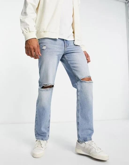 wide straight leg jeans in tinted mid wash with knee rips
