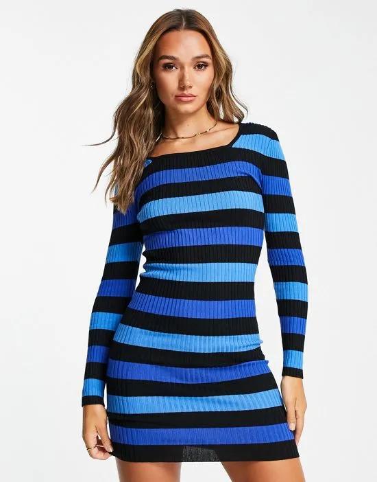 wide stripe long sleeve midi dress in blue