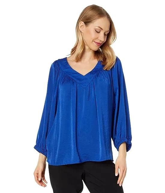 Wide V-Neck Blouse with Shirring