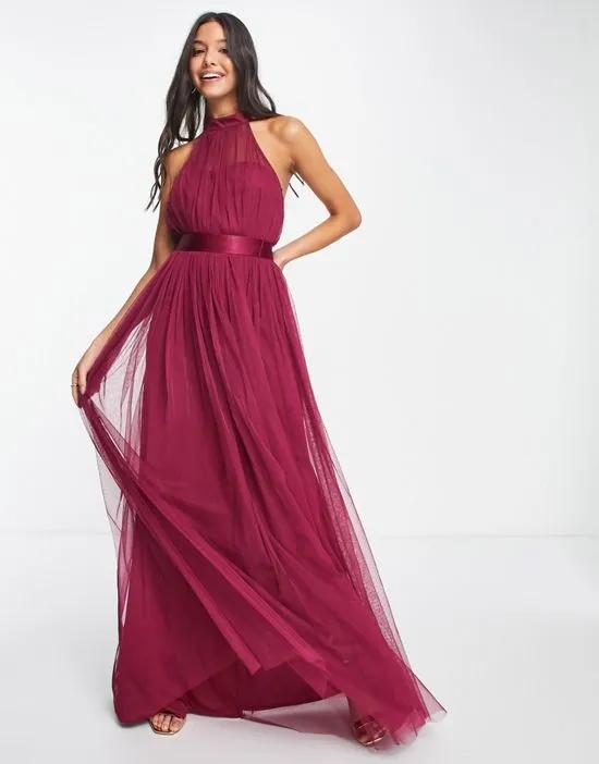 With Love Bridesmaid halter neck dress in red plum - RED
