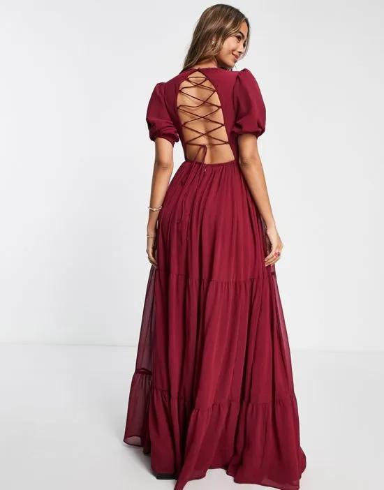 With Love Bridesmaid lace up back maxi dress in red plum - RED