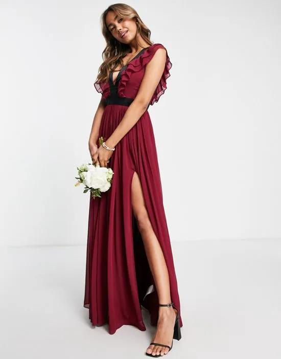 With Love Bridesmaid thigh split maxi dress in red plum