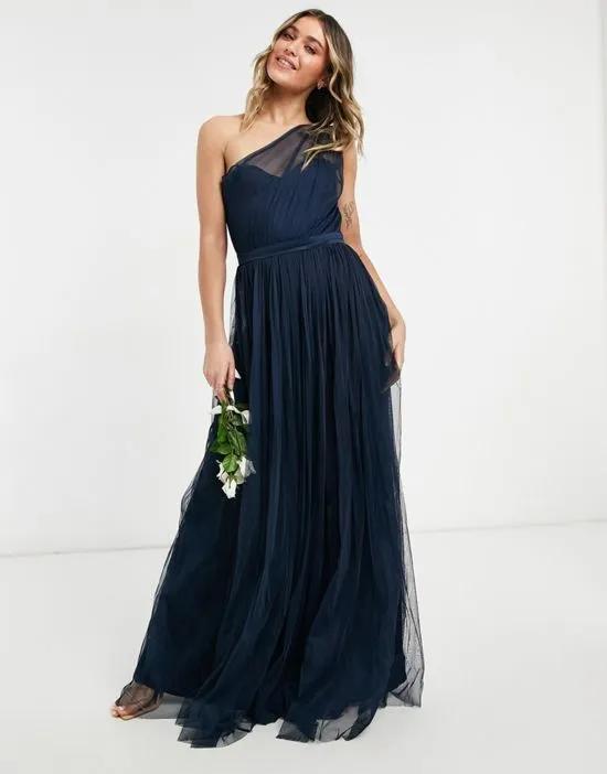With Love Bridesmaid tulle one shoulder maxi dress in navy