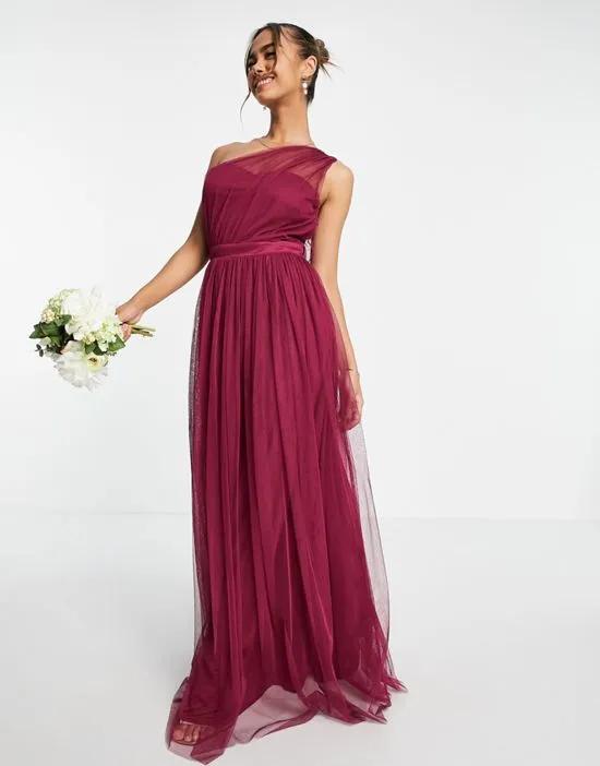 With Love Bridesmaid tulle one shoulder maxi dress in red plum
