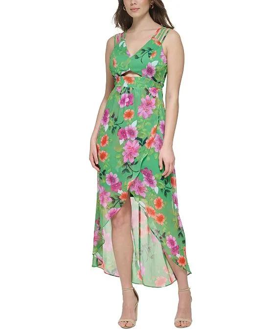 Women' Printed Cutout Asymmetric-Hem Chiffon Dress