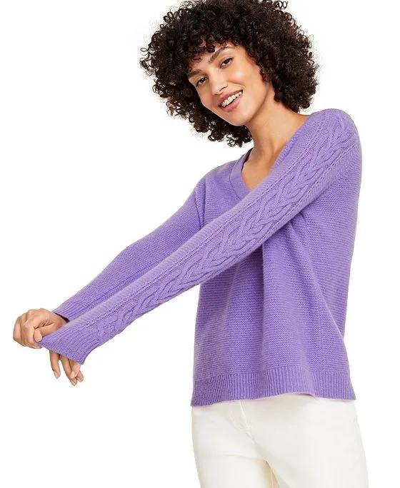 Women's 100% Cashmere Cable-Knit-Sleeve Sweater, Created for Macy's