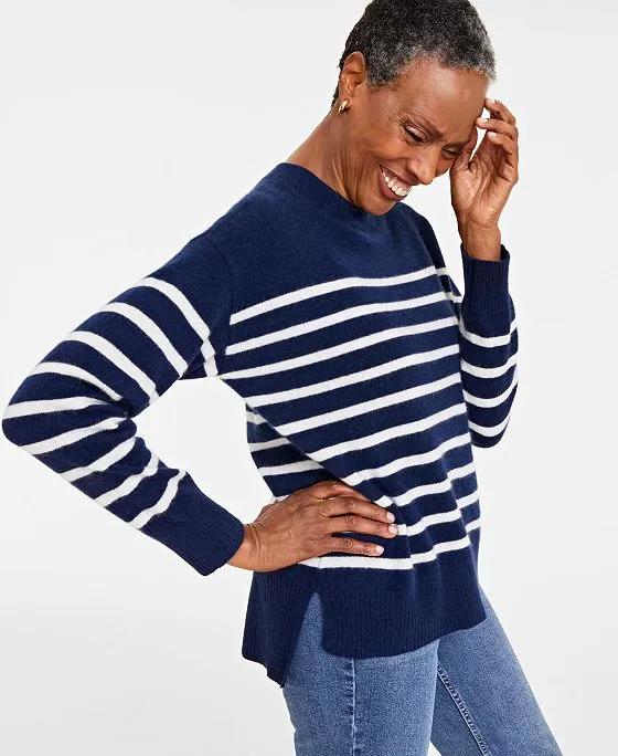 Women's 100% Cashmere Striped Drop-Hem Sweater, Created for Macy's