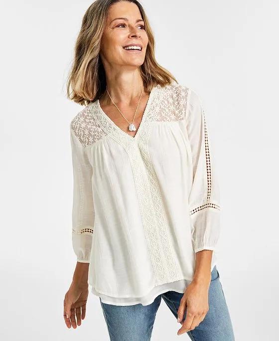Women's 3/4-Sleeve Embroidered Lace Top, Created for Macy's 