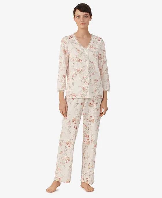 Women's 3/4 Sleeve Lace V-Neck Button Down Ankle Pants 2 Piece Pajama Set