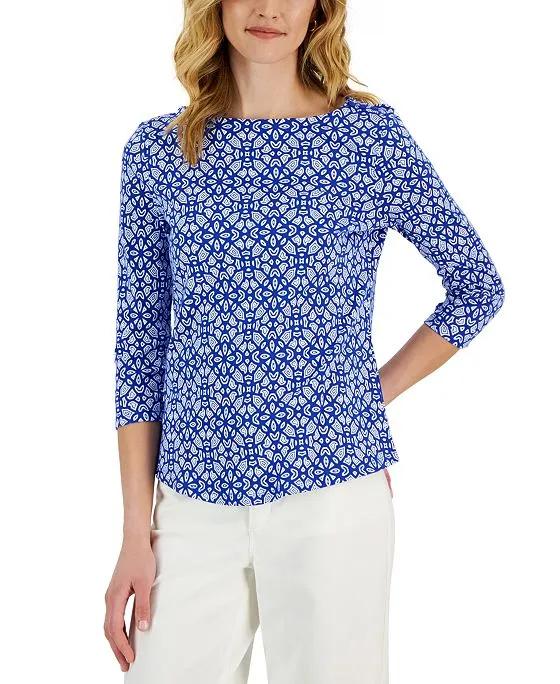 Women's 3/4-Sleeve Medallion Boat-Neck Top, Created for Macy's 