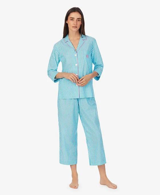 Women's 3/4 Sleeve Notch Collar Capri Pant Pajama 2 Piece Set