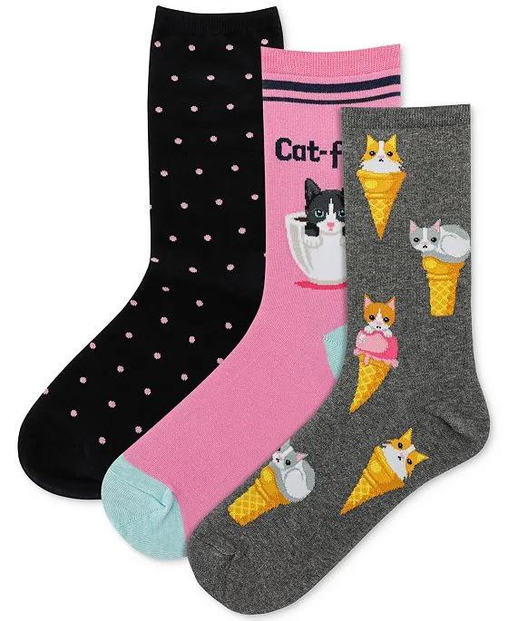 Women's 3-Pk. Assorted Cats Crew Socks