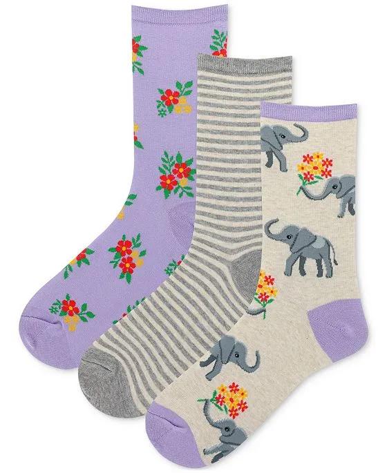 Women's 3-Pk. Elephant Bouquet Crew Socks