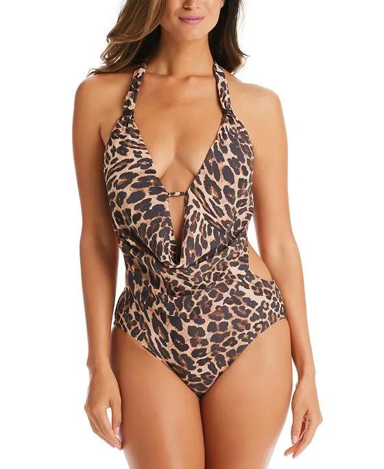 Women's Animal-Print Cowlneck One-Piece Swimsuit, Created for Macy's