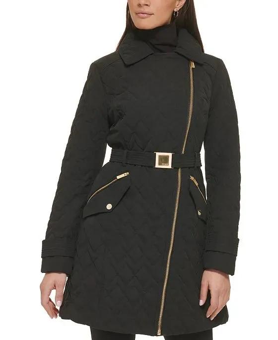 Women's Asymmetric Belted Diamond-Quilted Coat