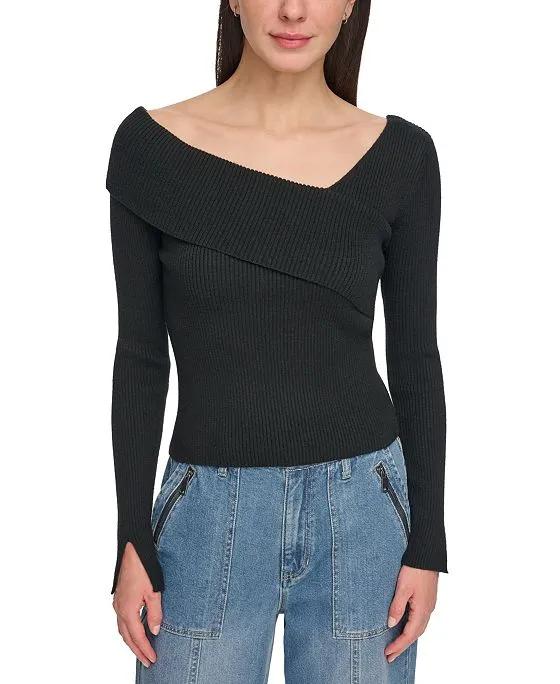 Women's Asymmetrical-Neck Ribbed Sweater