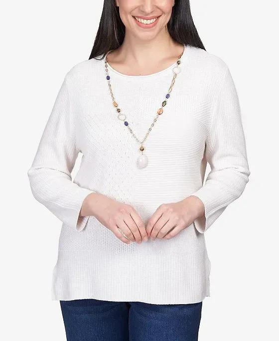 Women's Autumn Weekend Solid Texture Split Hem Sweater with Necklace